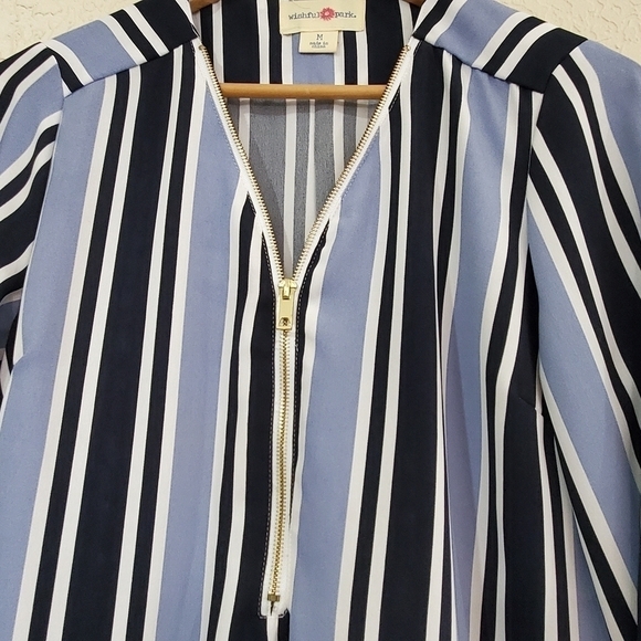 Wishful Park Blue Striped Blouse Womens Medium Zip Up Neckline Business - Picture 2 of 8